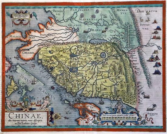 Abraham Ortelius Map of Chinae, Second State, 1584 or later, Theatrum Orbis Terrarum Latin edition, later hand-coloured 15 x 19in.